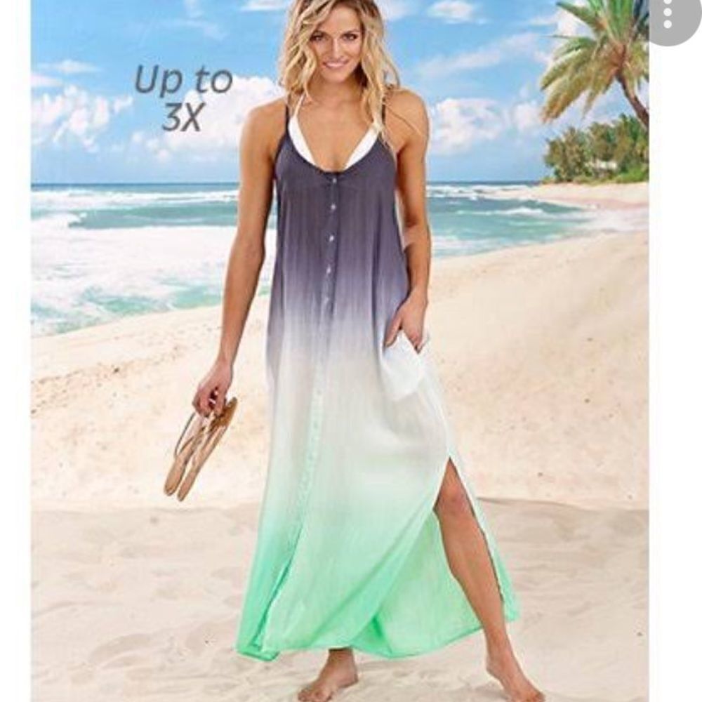 Rivaya The Lakeside Collection Ombre Button Front Cover-Up Scoop Neck Maxi Dress